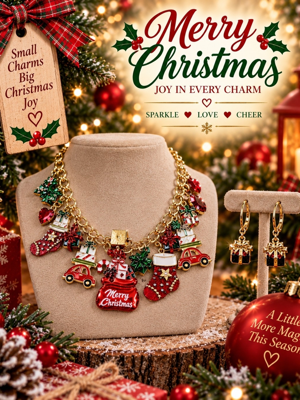 Gold-Tone Christmas Charm Necklace And Earrings with Red & Green Accents